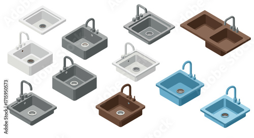 Isometric kitchen sinks in various colors and styles with modern faucets