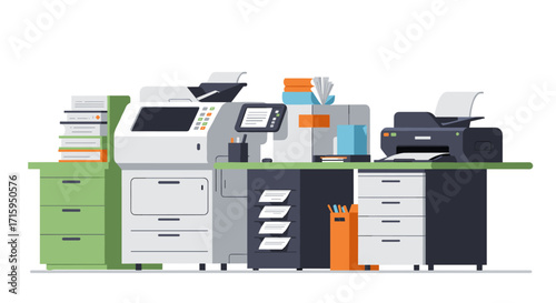 Modern office equipment collection featuring printers and copiers