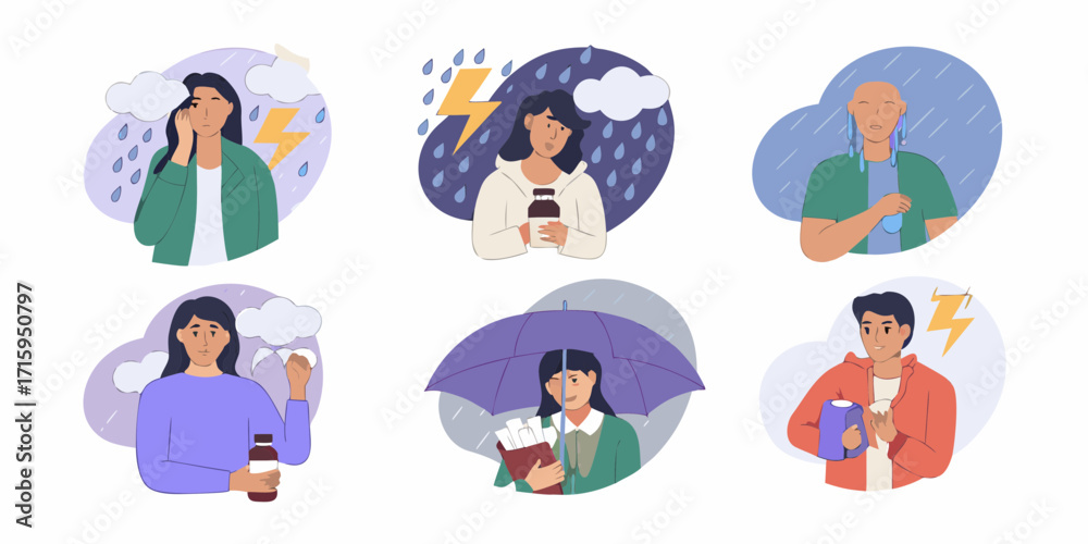 Fototapeta premium Collection of illustrations depicting people experiencing different weather conditions and emotional states some holding medication or drinks
