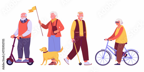 Active senior citizens enjoying outdoor activities with a dog and various modes of transport