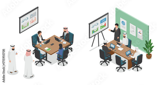 Business presentation in middle eastern office with isometric design elements