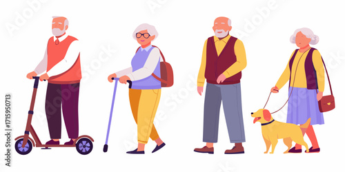 Diverse group of active seniors enjoying outdoor activities with scooters and a dog