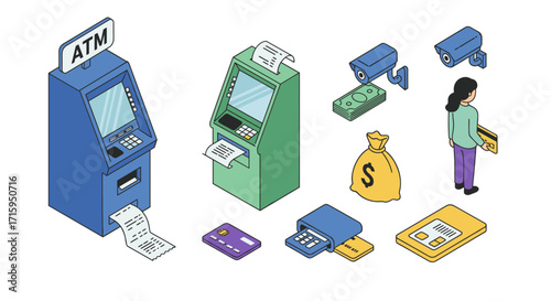 Isometric atm and banking elements with people and security cameras