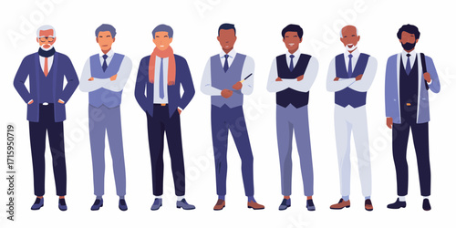 Diverse group of businessmen in stylish suits and professional attire standing together
