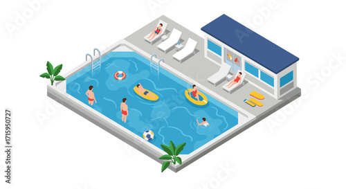 Isometric summer pool scene with people relaxing and swimming