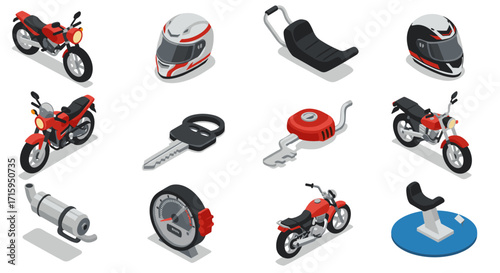 Isometric set of red motorcycles and accessories with helmet, key, and exhaust