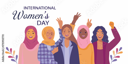 Diverse group of women celebrating international womens day with raised fists and peace signs