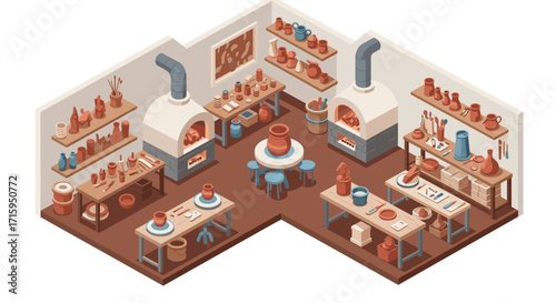 Isometric pottery workshop with ceramic tools and kilns in a creative studio setting