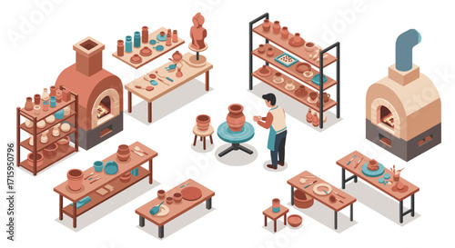Isometric pottery workshop scene with artist crafting ceramics