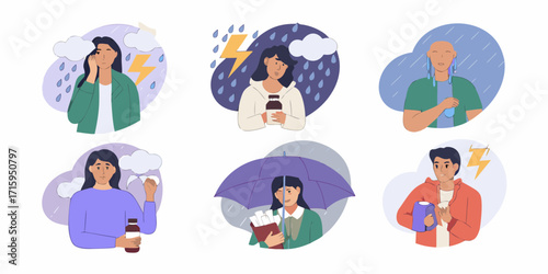 Collection of illustrations depicting people experiencing different weather conditions and emotional states some holding medication or drinks