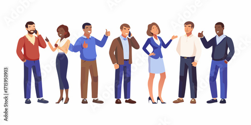 Diverse group of business professionals standing together and interacting in a modern office setting