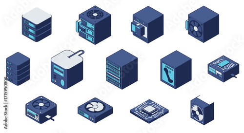 Isometric data center equipment in flat design featuring servers and technology components