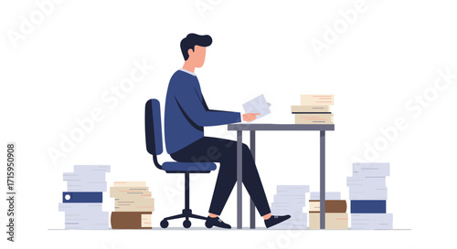 Businessman organizing documents at office desk in flat style