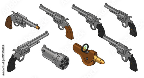 Isometric revolver variations with wooden grips and detailed components