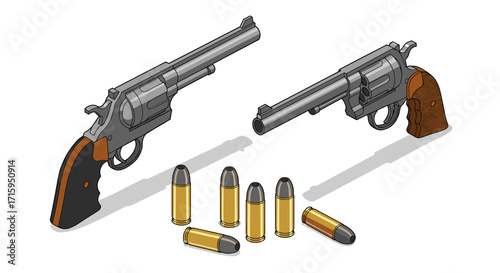Detailed isometric view of classic revolvers and bullets