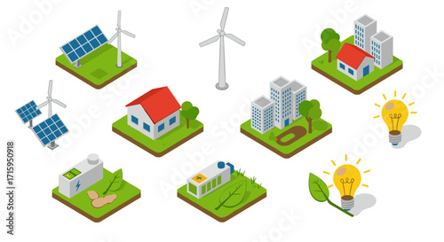 Sustainable energy sources and eco-friendly urban design in isometric style