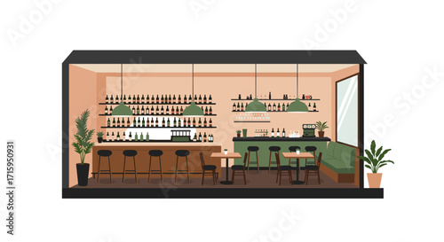 Cozy modern bar interior with stylish furniture and minimalist decor