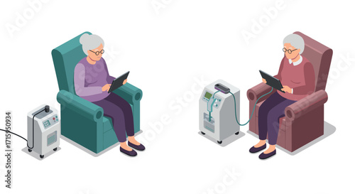 Elderly woman with oxygen concentrator using tablet in comfortable chair