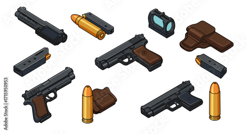 Isometric handgun and accessories set with bullets and holsters