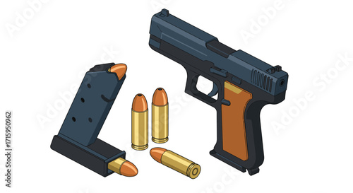 Isometric handgun with bullets and magazine on white background
