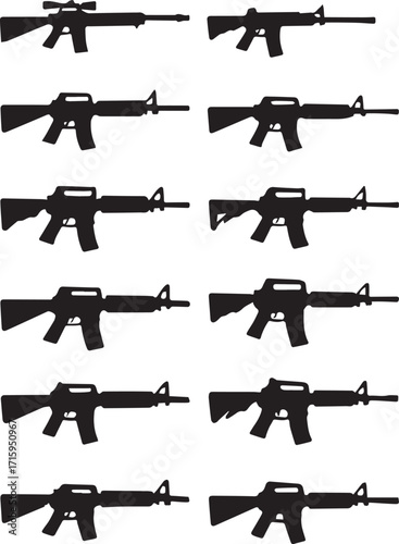 Collection of 16 firearm silhouettes including rifles, pistols, and assault weapons. Military, security, army, and defense-themed black vector icons for tactical design projects.
