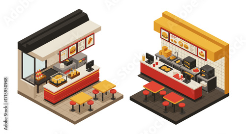 Isometric fast food restaurant interior with counter and seating in bold colors