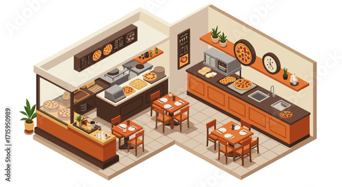 Modern isometric pizza restaurant interior with cozy dining area and decorative elements