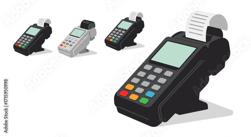 Modern isometric payment terminal with colorful buttons and receipt