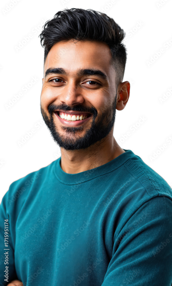 Fototapeta premium diverse young professional - A three-quarter shot of a smiling South Asian man with neatly trimmed beard wearing a teal