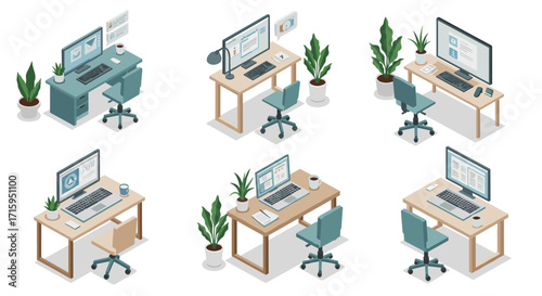Modern home office workspaces: isometric designs with plants and electronics