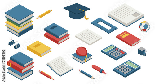 Isometric education essentials featuring books and school supplies