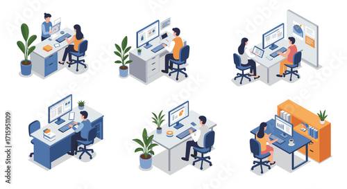 Modern isometric office work scenes with diverse professionals and tech equipment