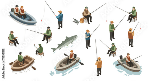 Isometric fishing enthusiasts on boats and land with rods and gear