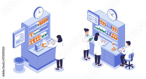 Isometric pharmacy interior with healthcare professionals and medicine shelves
