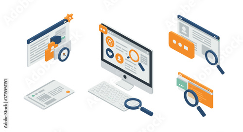 Isometric digital workspace with search and analysis icons
