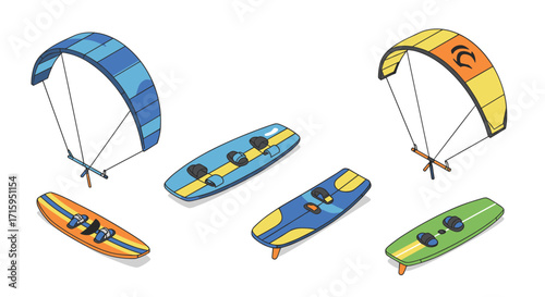 Isometric kiteboarding gear with colorful boards and kites in modern style