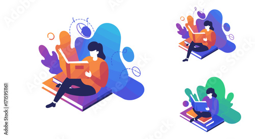 Colorful isometric design of a person reading a book with abstract background
