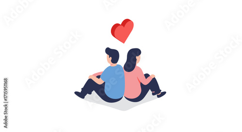 Couple sitting back to back with heart floating above in flat design
