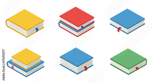 Colorful isometric books with bookmarks set on white background