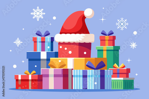Wallpaper Mural Festive Christmas Gifts Stacked with Santa Hat and Snowflakes Illustration Torontodigital.ca