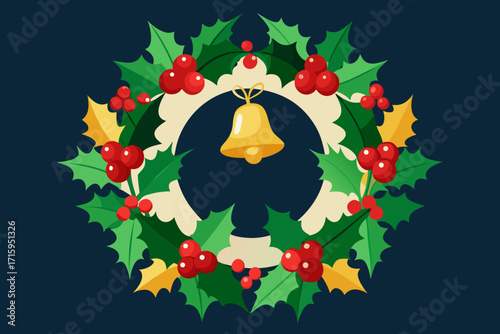 Festive Christmas Wreath with Holly Berries Leaves and a Golden Bell