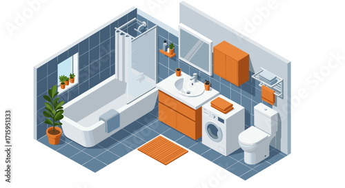Modern isometric bathroom with laundry and blue tiles