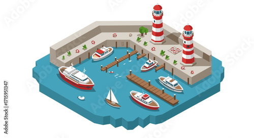 Isometric harbor scene with boats and lighthouses in a calm ocean