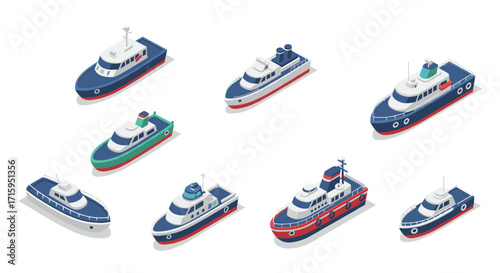 Isometric set of various boats on white background