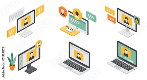 Isometric online communication on computer and laptop screens with chat bubbles