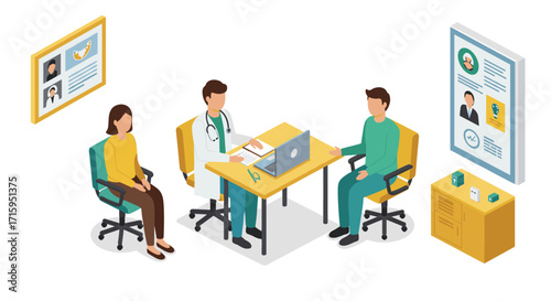 Modern office meeting with doctor and patients in isometric style