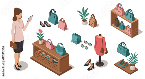 Isometric boutique shopping scene with woman browsing accessories and fashion display