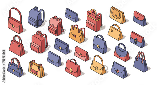 Stylish collection of isometric handbags in pastel colors for fashion and design inspiration