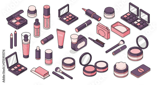 Stylish isometric makeup set with brushes, lipsticks, and powders in soft pink and purple tones
