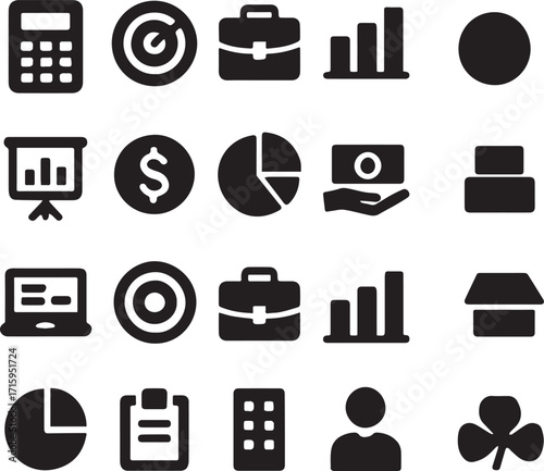 Set of 16 business and finance silhouettes. Includes calculator, chart, pie graph, coin, briefcase, and more. Perfect for corporate, finance, investment, and office design projects.
